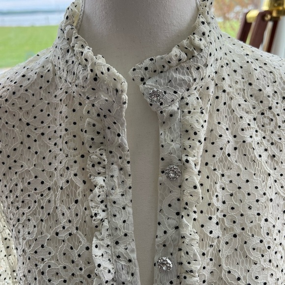 Vici White Lace Polka Dot Rhinestone Button Blouse Puff Sleeve Feminine Top M - Picture 8 of 14